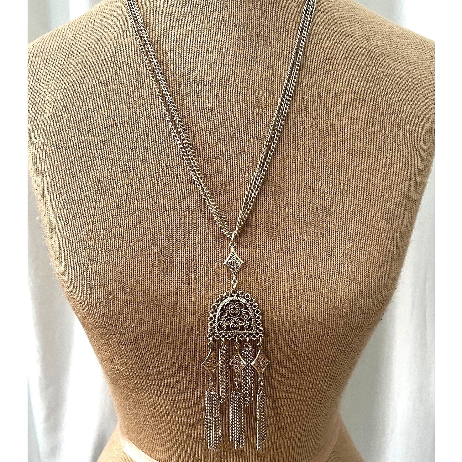 Vintage Waterfall Tassel Necklace Filagree Gold Tone Statement Moroccan Revival 39$